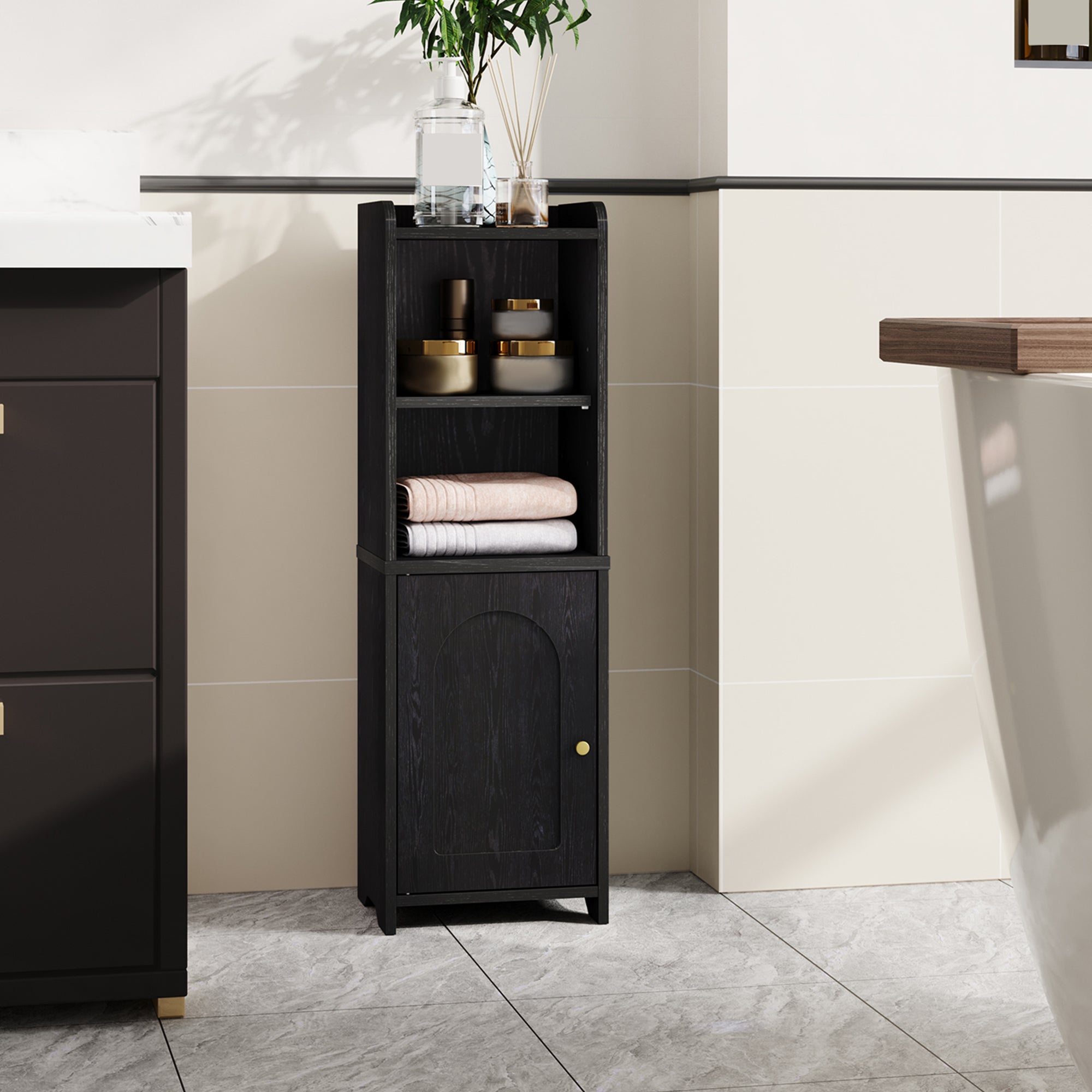Hzuaneri Bathroom Cabinet, Storage Unit with Doors, Corner Cabinet with Adjustable Shelves, Toilet Cabinet, 20 x 25 x 80 cm, Black BC39704X