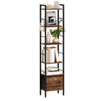 Hzuaneri  Bookcase, 6 Vertical Shelves with 1 Folding Fabric Drawer and 4 Hooks, Open Shelves, Metal Frame, for Study Room, Living Room, Vintage Brown and Black, 24 x 40 x 173 cm BC40601B