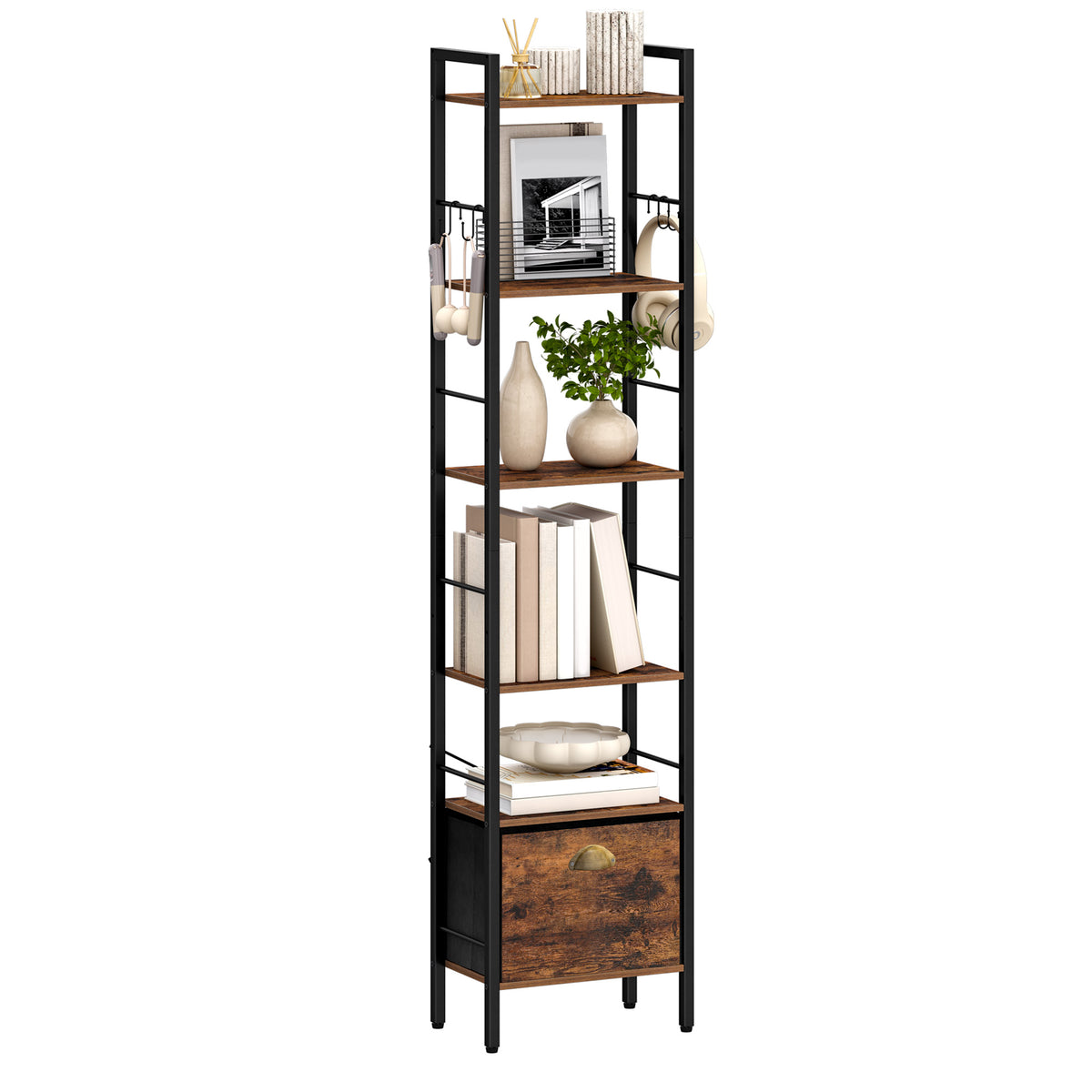Hzuaneri  Bookcase, 6 Vertical Shelves with 1 Folding Fabric Drawer and 4 Hooks, Open Shelves, Metal Frame, for Study Room, Living Room, Vintage Brown and Black, 24 x 40 x 173 cm BC40601B