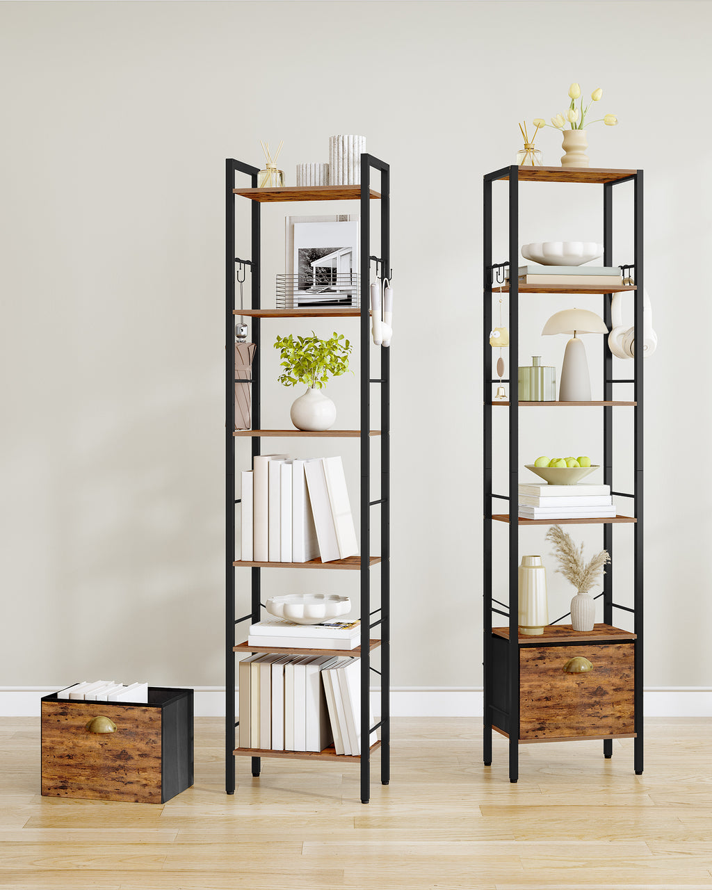 Hzuaneri  Bookcase, 6 Vertical Shelves with 1 Folding Fabric Drawer and 4 Hooks, Open Shelves, Metal Frame, for Study Room, Living Room, Vintage Brown and Black, 24 x 40 x 173 cm BC40601B