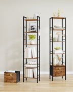 Hzuaneri  Bookcase, 6 Vertical Shelves with 1 Folding Fabric Drawer and 4 Hooks, Open Shelves, Metal Frame, for Study Room, Living Room, Vintage Brown and Black, 24 x 40 x 173 cm BC40601B