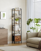 Hzuaneri  Bookcase, 6 Vertical Shelves with 1 Folding Fabric Drawer and 4 Hooks, Open Shelves, Metal Frame, for Study Room, Living Room, Vintage Brown and Black, 24 x 40 x 173 cm BC40601B
