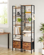 Hzuaneri  Bookcase, 6 Vertical Shelves with 1 Folding Fabric Drawer and 4 Hooks, Open Shelves, Metal Frame, for Study Room, Living Room, Vintage Brown and Black, 24 x 40 x 173 cm BC40601B