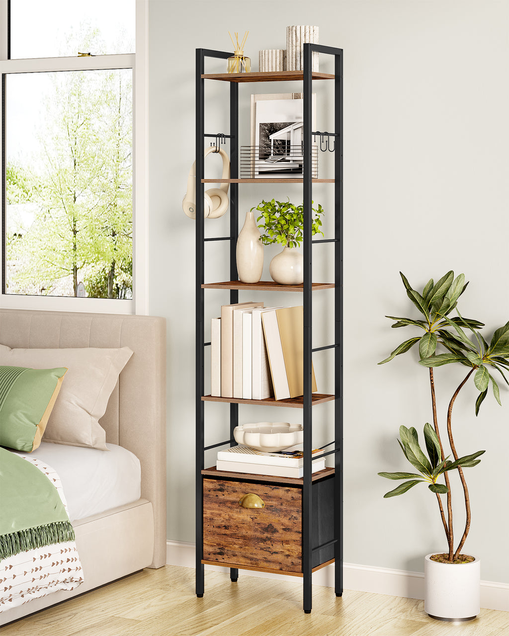 Hzuaneri  Bookcase, 6 Vertical Shelves with 1 Folding Fabric Drawer and 4 Hooks, Open Shelves, Metal Frame, for Study Room, Living Room, Vintage Brown and Black, 24 x 40 x 173 cm BC40601B