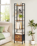 Hzuaneri  Bookcase, 6 Vertical Shelves with 1 Folding Fabric Drawer and 4 Hooks, Open Shelves, Metal Frame, for Study Room, Living Room, Vintage Brown and Black, 24 x 40 x 173 cm BC40601B
