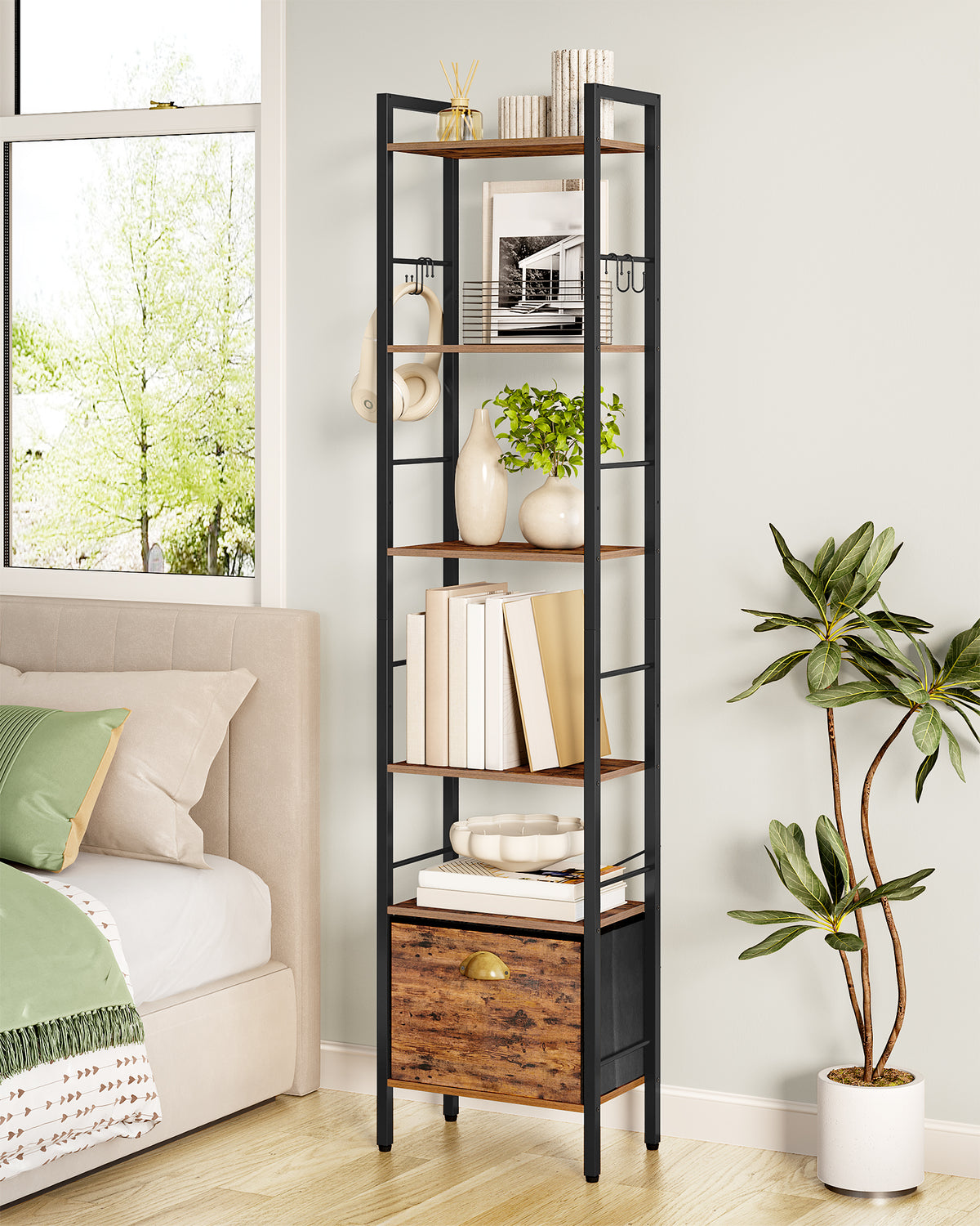 Hzuaneri  Bookcase, 6 Vertical Shelves with 1 Folding Fabric Drawer and 4 Hooks, Open Shelves, Metal Frame, for Study Room, Living Room, Vintage Brown and Black, 24 x 40 x 173 cm BC40601B