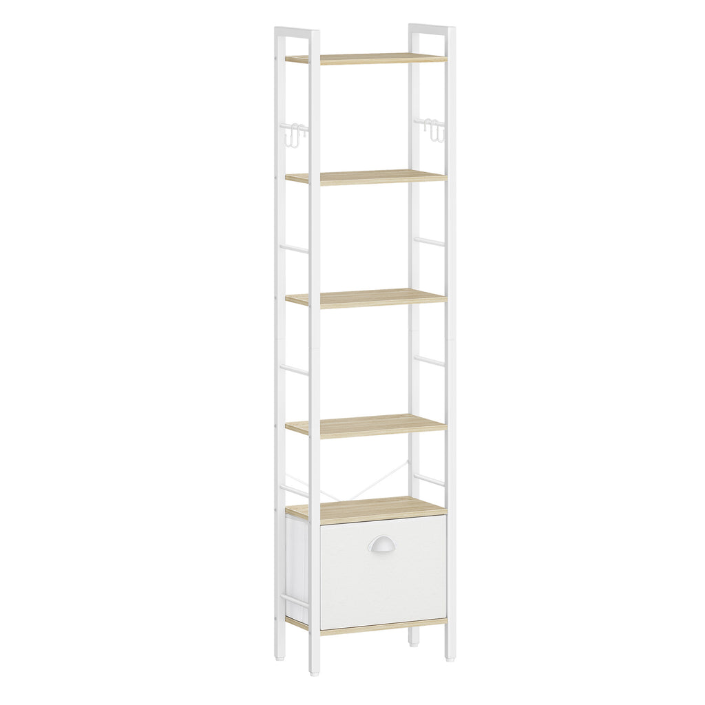 Hzuaneri bookcase, 6 vertical shelves with 1 fold-down fabric drawer and 4 hooks, open shelves, metal frame, for study, living room, white oak, 24 x 40 x 173 cm, BC40616W
