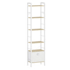 Hzuaneri bookcase, 6 vertical shelves with 1 fold-down fabric drawer and 4 hooks, open shelves, metal frame, for study, living room, white oak, 24 x 40 x 173 cm, BC40616W