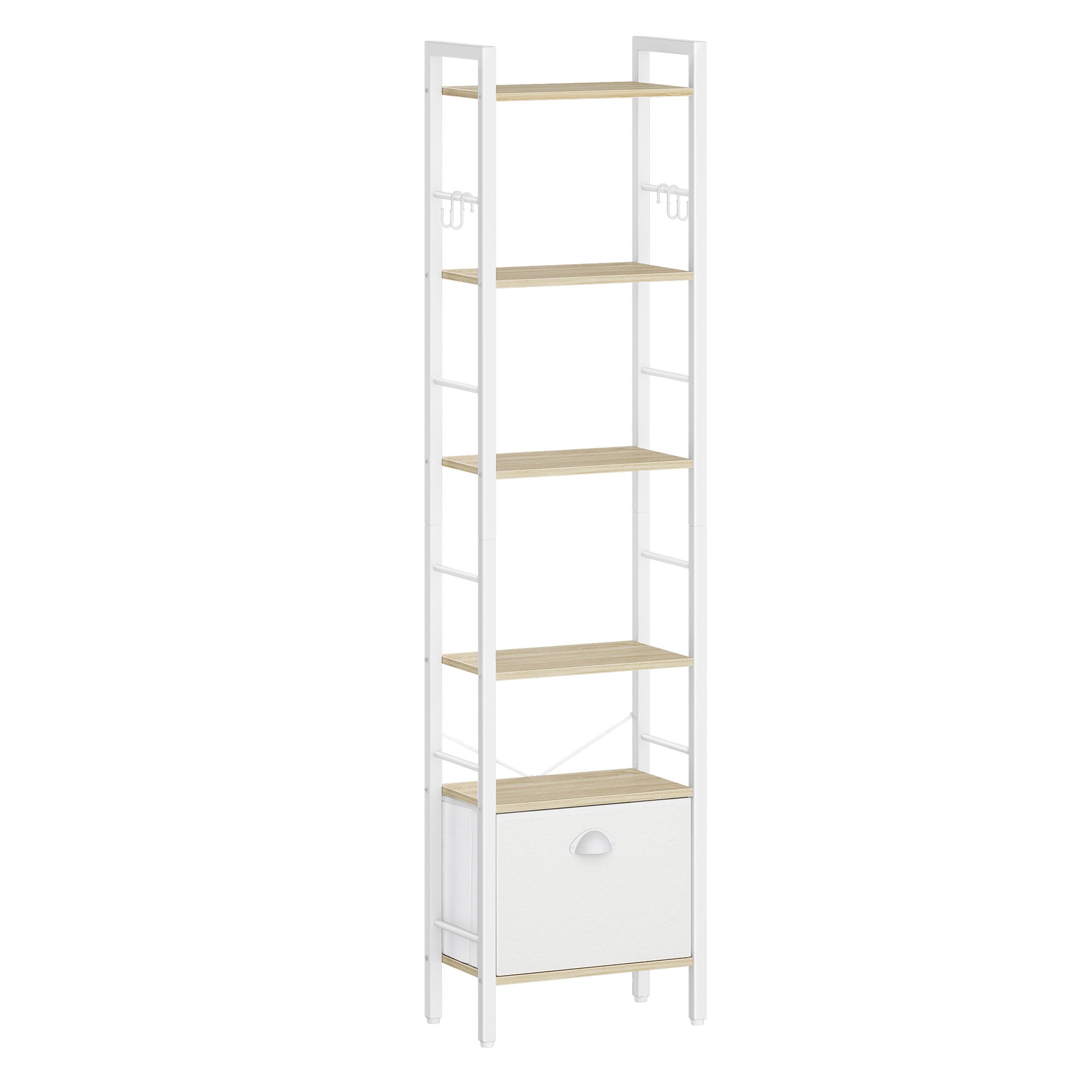 Hzuaneri bookcase, 6 vertical shelves with 1 fold-down fabric drawer and 4 hooks, open shelves, metal frame, for study, living room, white oak, 24 x 40 x 173 cm, BC40616W