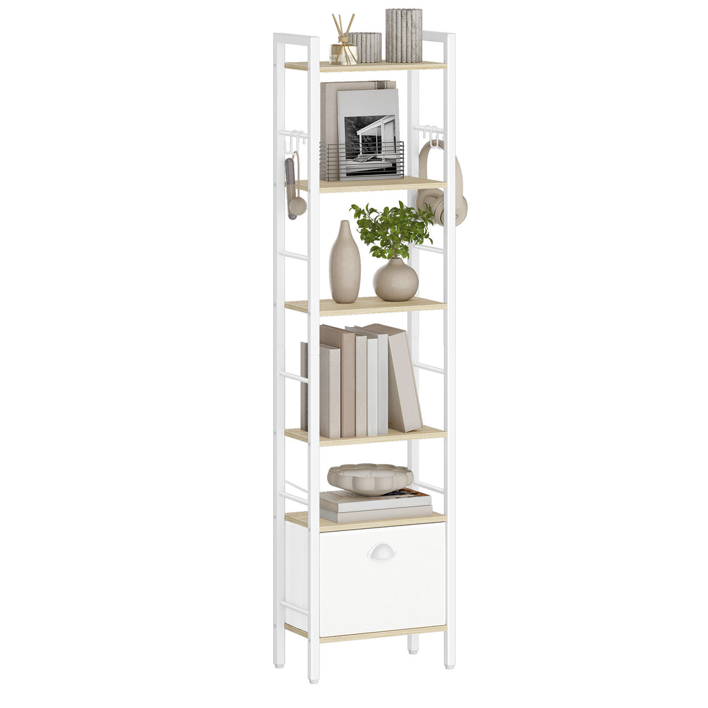 Hzuaneri bookcase, 6 vertical shelves with 1 fold-down fabric drawer and 4 hooks, open shelves, metal frame, for study, living room, white oak, 24 x 40 x 173 cm, BC40616W
