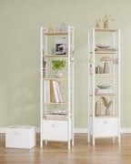 Hzuaneri bookcase, 6 vertical shelves with 1 fold-down fabric drawer and 4 hooks, open shelves, metal frame, for study, living room, white oak, 24 x 40 x 173 cm, BC40616W