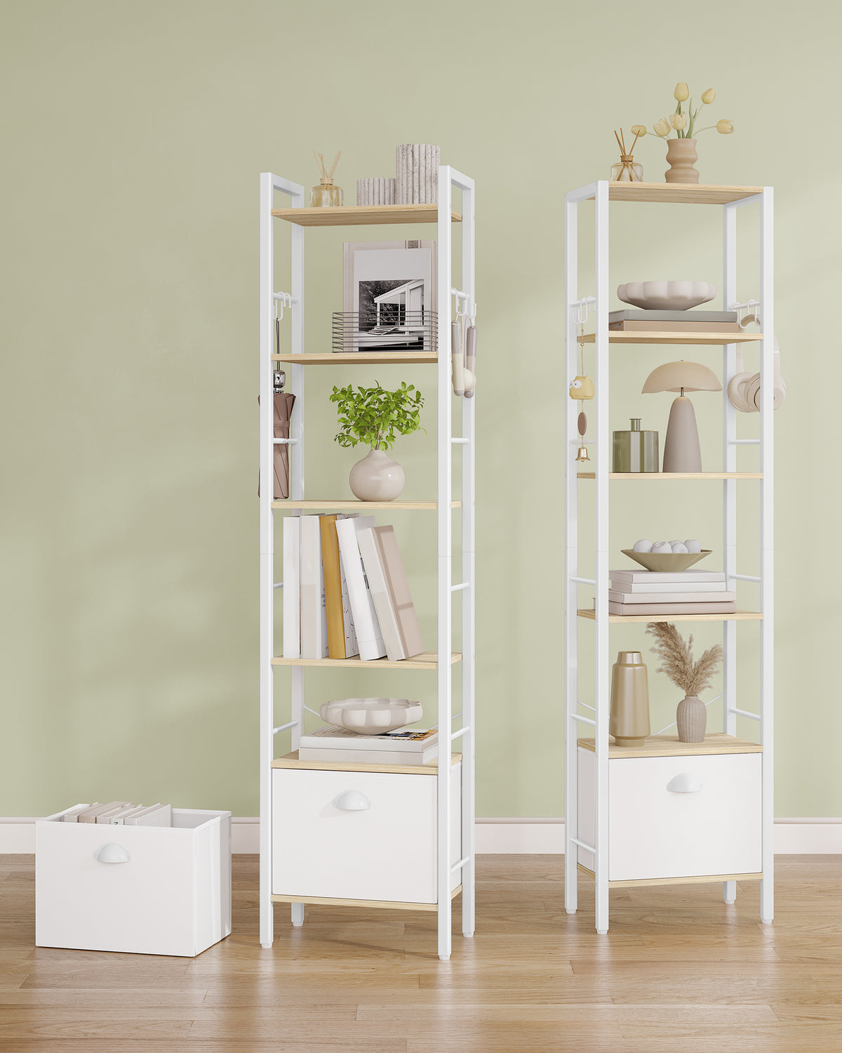 Hzuaneri bookcase, 6 vertical shelves with 1 fold-down fabric drawer and 4 hooks, open shelves, metal frame, for study, living room, white oak, 24 x 40 x 173 cm, BC40616W