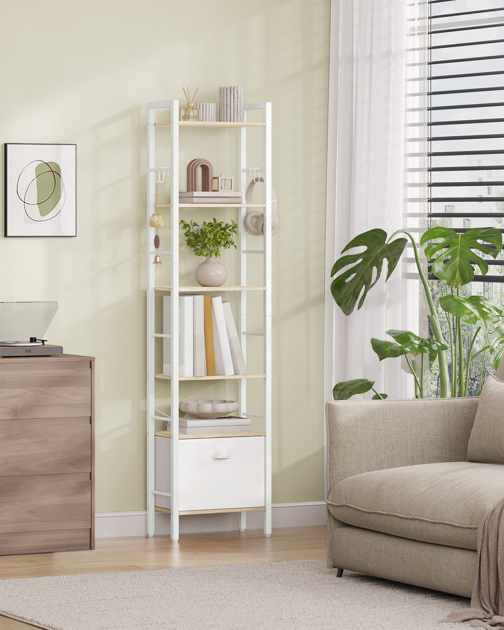 Hzuaneri bookcase, 6 vertical shelves with 1 fold-down fabric drawer and 4 hooks, open shelves, metal frame, for study, living room, white oak, 24 x 40 x 173 cm, BC40616W