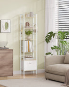 Hzuaneri bookcase, 6 vertical shelves with 1 fold-down fabric drawer and 4 hooks, open shelves, metal frame, for study, living room, white oak, 24 x 40 x 173 cm, BC40616W