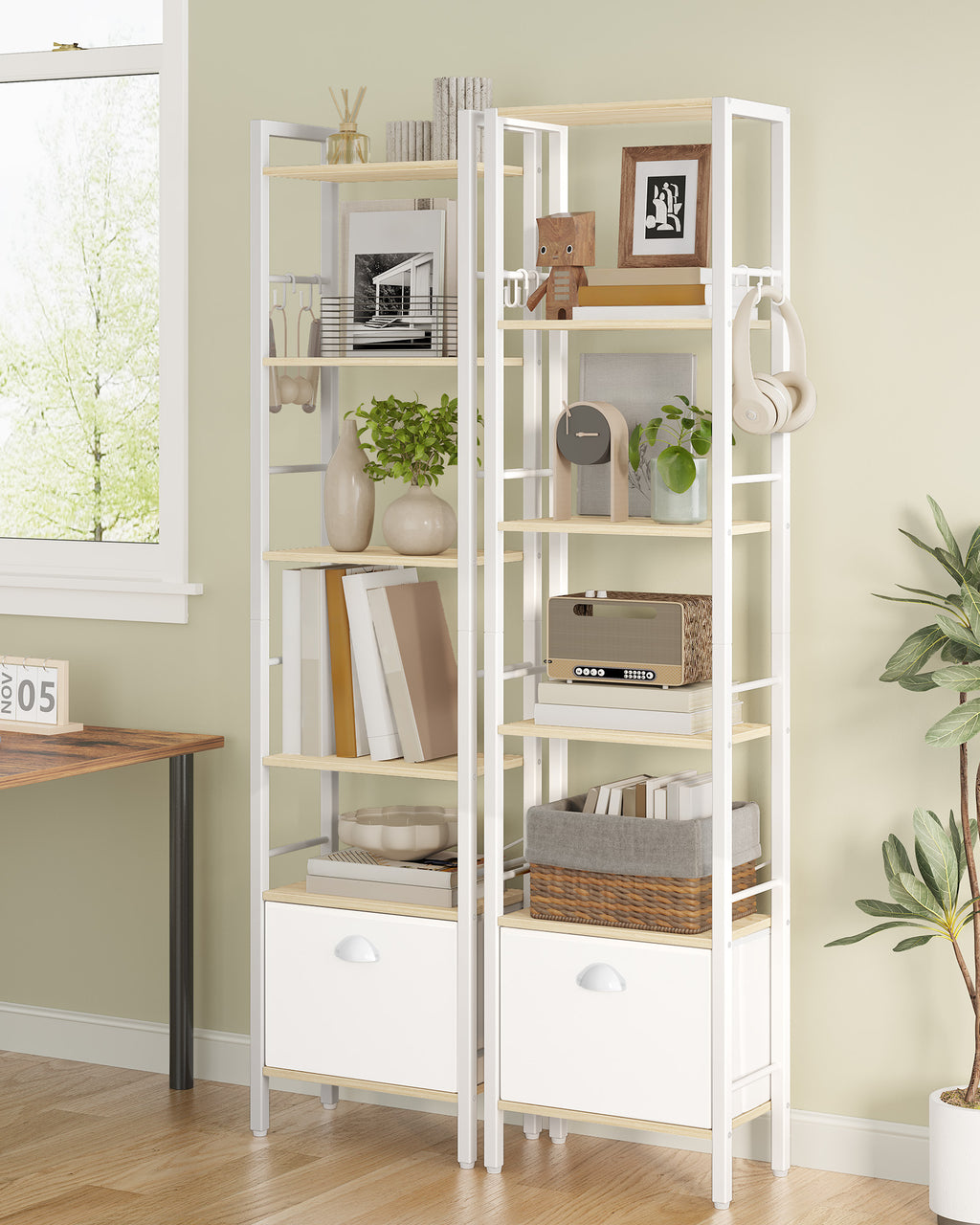 Hzuaneri bookcase, 6 vertical shelves with 1 fold-down fabric drawer and 4 hooks, open shelves, metal frame, for study, living room, white oak, 24 x 40 x 173 cm, BC40616W