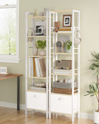 Hzuaneri bookcase, 6 vertical shelves with 1 fold-down fabric drawer and 4 hooks, open shelves, metal frame, for study, living room, white oak, 24 x 40 x 173 cm, BC40616W