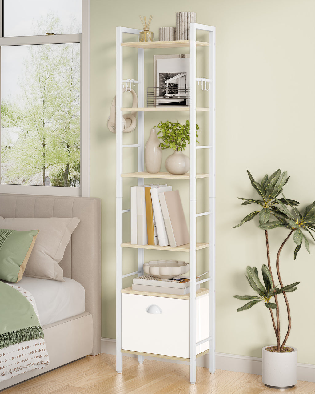 Hzuaneri bookcase, 6 vertical shelves with 1 fold-down fabric drawer and 4 hooks, open shelves, metal frame, for study, living room, white oak, 24 x 40 x 173 cm, BC40616W
