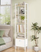 Hzuaneri bookcase, 6 vertical shelves with 1 fold-down fabric drawer and 4 hooks, open shelves, metal frame, for study, living room, white oak, 24 x 40 x 173 cm, BC40616W
