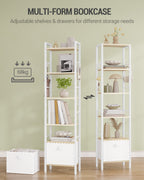 Hzuaneri bookcase, 6 vertical shelves with 1 fold-down fabric drawer and 4 hooks, open shelves, metal frame, for study, living room, white oak, 24 x 40 x 173 cm, BC40616W