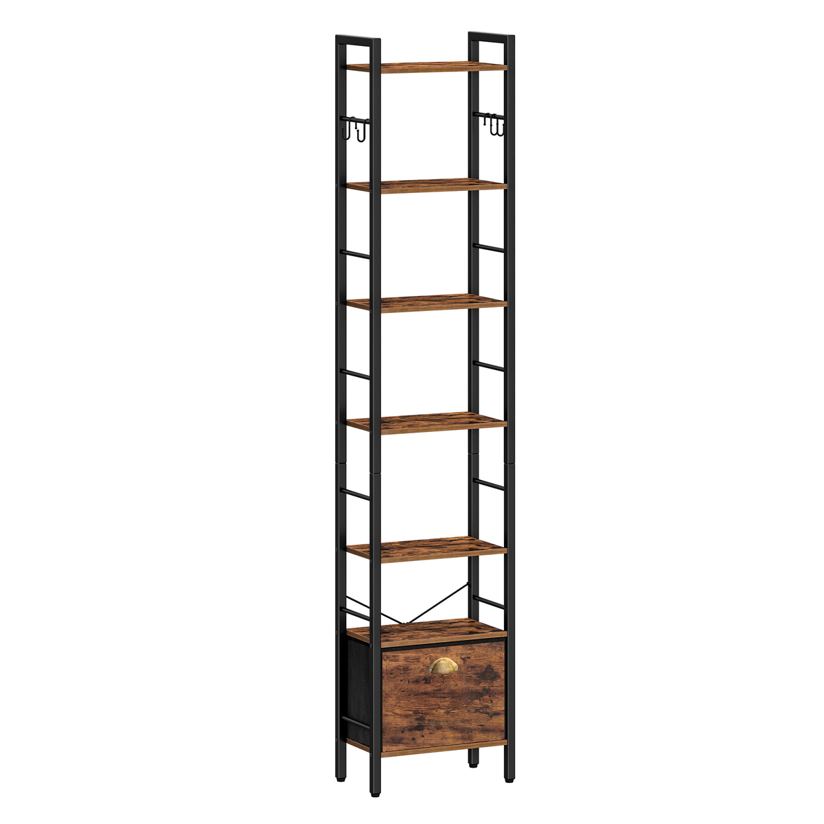 Hzuaneri Bookshelf, 7 vertical shelves with 1 fold-down fabric drawer and 4 hooks, open shelves, metal frame, for study, living room, vintage brown-black, 24 x 40 x 198.8 cm, BC40701B