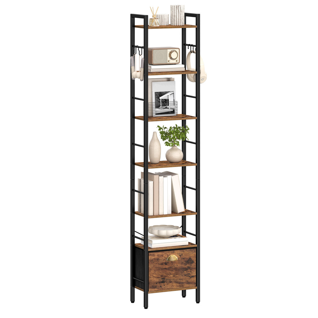 Hzuaneri Bookshelf, 7 vertical shelves with 1 fold-down fabric drawer and 4 hooks, open shelves, metal frame, for study, living room, vintage brown-black, 24 x 40 x 198.8 cm, BC40701B