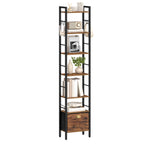 Hzuaneri Bookshelf, 7 vertical shelves with 1 fold-down fabric drawer and 4 hooks, open shelves, metal frame, for study, living room, vintage brown-black, 24 x 40 x 198.8 cm, BC40701B