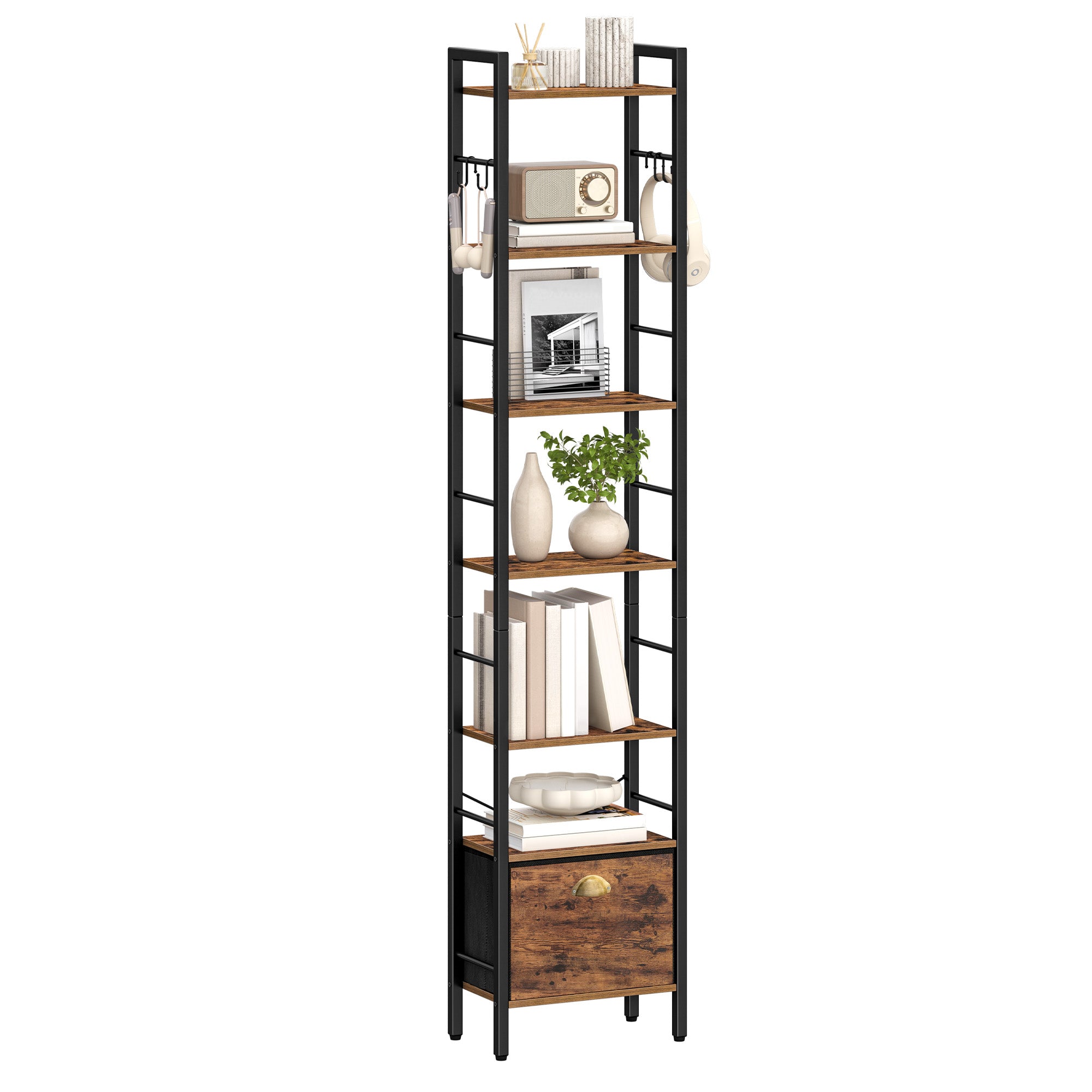 Hzuaneri Bookshelf, 7 vertical shelves with 1 fold-down fabric drawer and 4 hooks, open shelves, metal frame, for study, living room, vintage brown-black, 24 x 40 x 198.8 cm, BC40701B