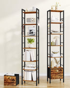 Hzuaneri Bookshelf, 7 vertical shelves with 1 fold-down fabric drawer and 4 hooks, open shelves, metal frame, for study, living room, vintage brown-black, 24 x 40 x 198.8 cm, BC40701B