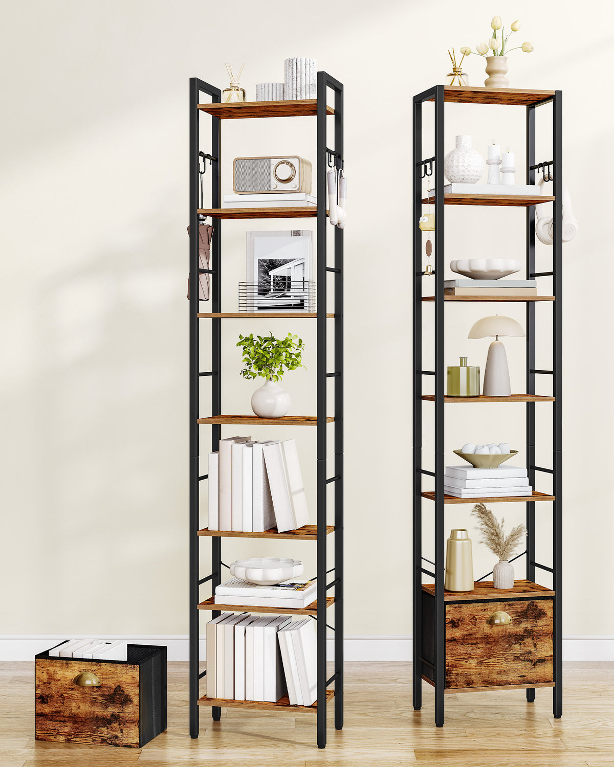 Hzuaneri Bookshelf, 7 vertical shelves with 1 fold-down fabric drawer and 4 hooks, open shelves, metal frame, for study, living room, vintage brown-black, 24 x 40 x 198.8 cm, BC40701B