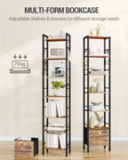 Hzuaneri Bookshelf, 7 vertical shelves with 1 fold-down fabric drawer and 4 hooks, open shelves, metal frame, for study, living room, vintage brown-black, 24 x 40 x 198.8 cm, BC40701B