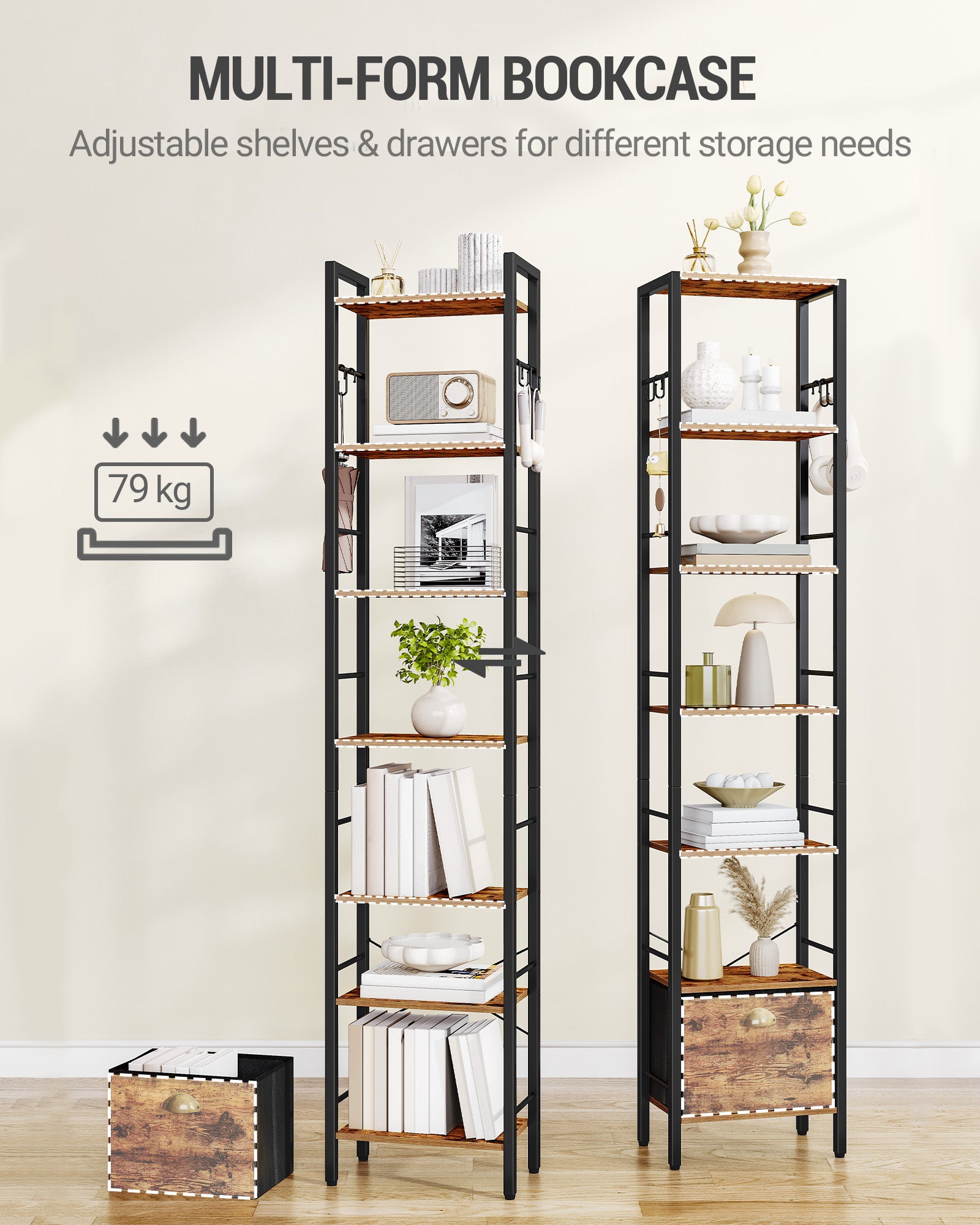 Hzuaneri Bookshelf, 7 vertical shelves with 1 fold-down fabric drawer and 4 hooks, open shelves, metal frame, for study, living room, vintage brown-black, 24 x 40 x 198.8 cm, BC40701B