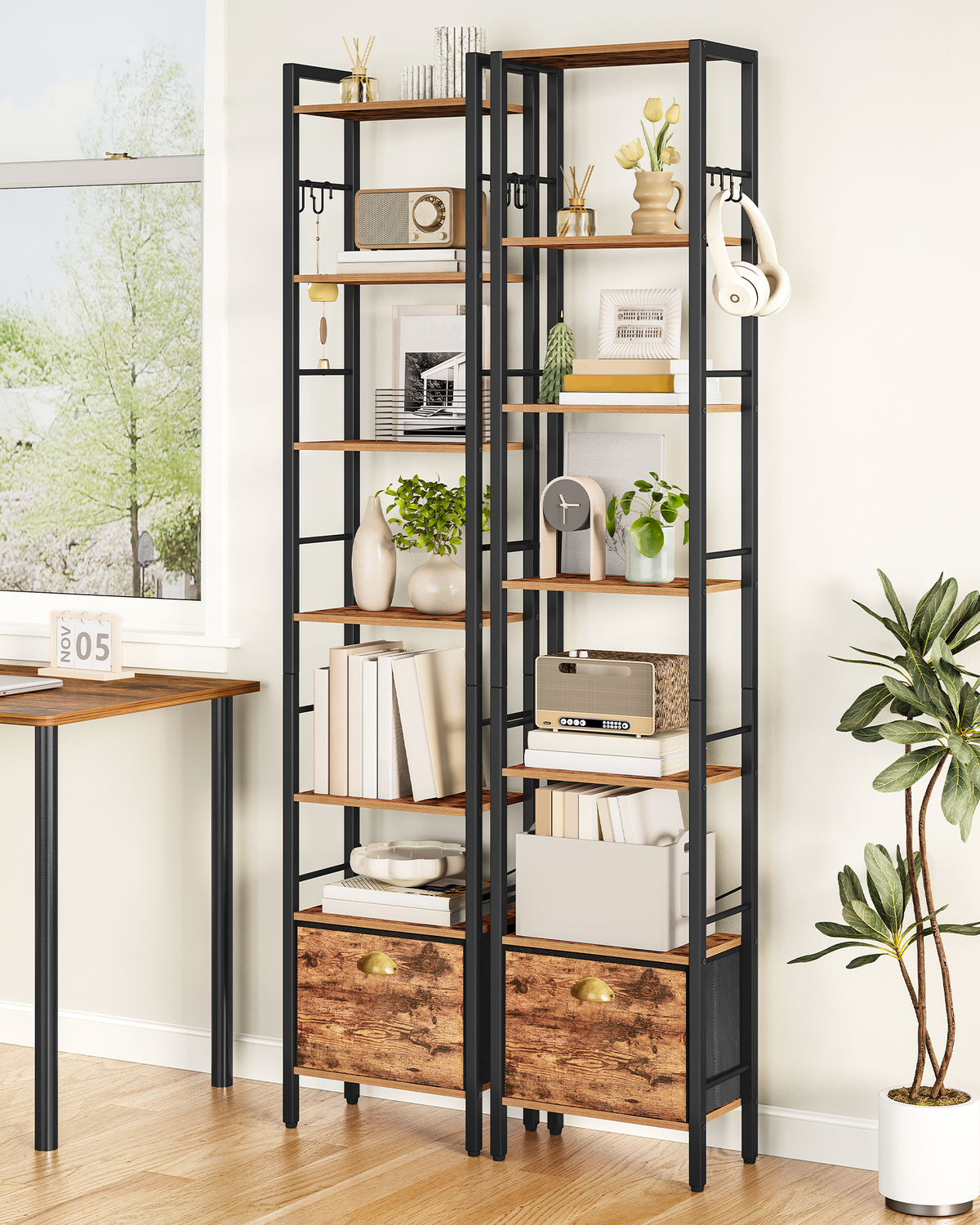 Hzuaneri Bookshelf, 7 vertical shelves with 1 fold-down fabric drawer and 4 hooks, open shelves, metal frame, for study, living room, vintage brown-black, 24 x 40 x 198.8 cm, BC40701B