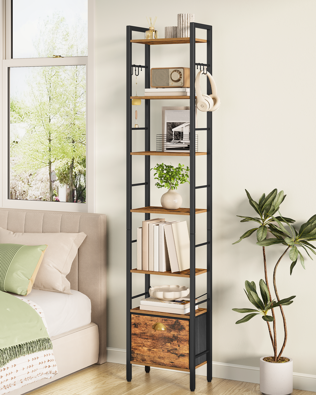 Hzuaneri Bookshelf, 7 vertical shelves with 1 fold-down fabric drawer and 4 hooks, open shelves, metal frame, for study, living room, vintage brown-black, 24 x 40 x 198.8 cm, BC40701B