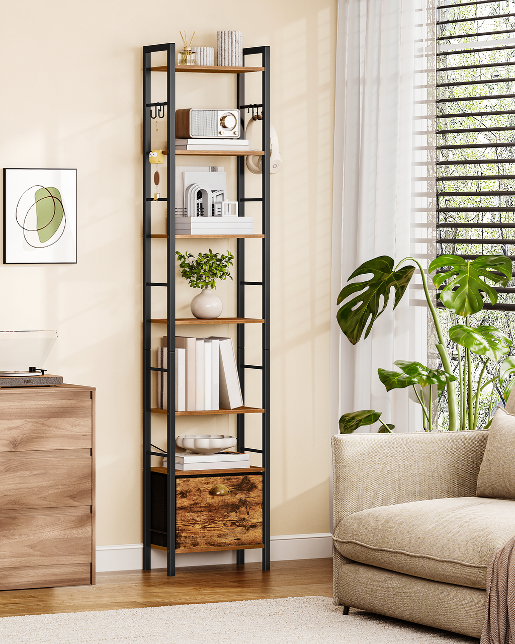 Hzuaneri Bookshelf, 7 vertical shelves with 1 fold-down fabric drawer and 4 hooks, open shelves, metal frame, for study, living room, vintage brown-black, 24 x 40 x 198.8 cm, BC40701B