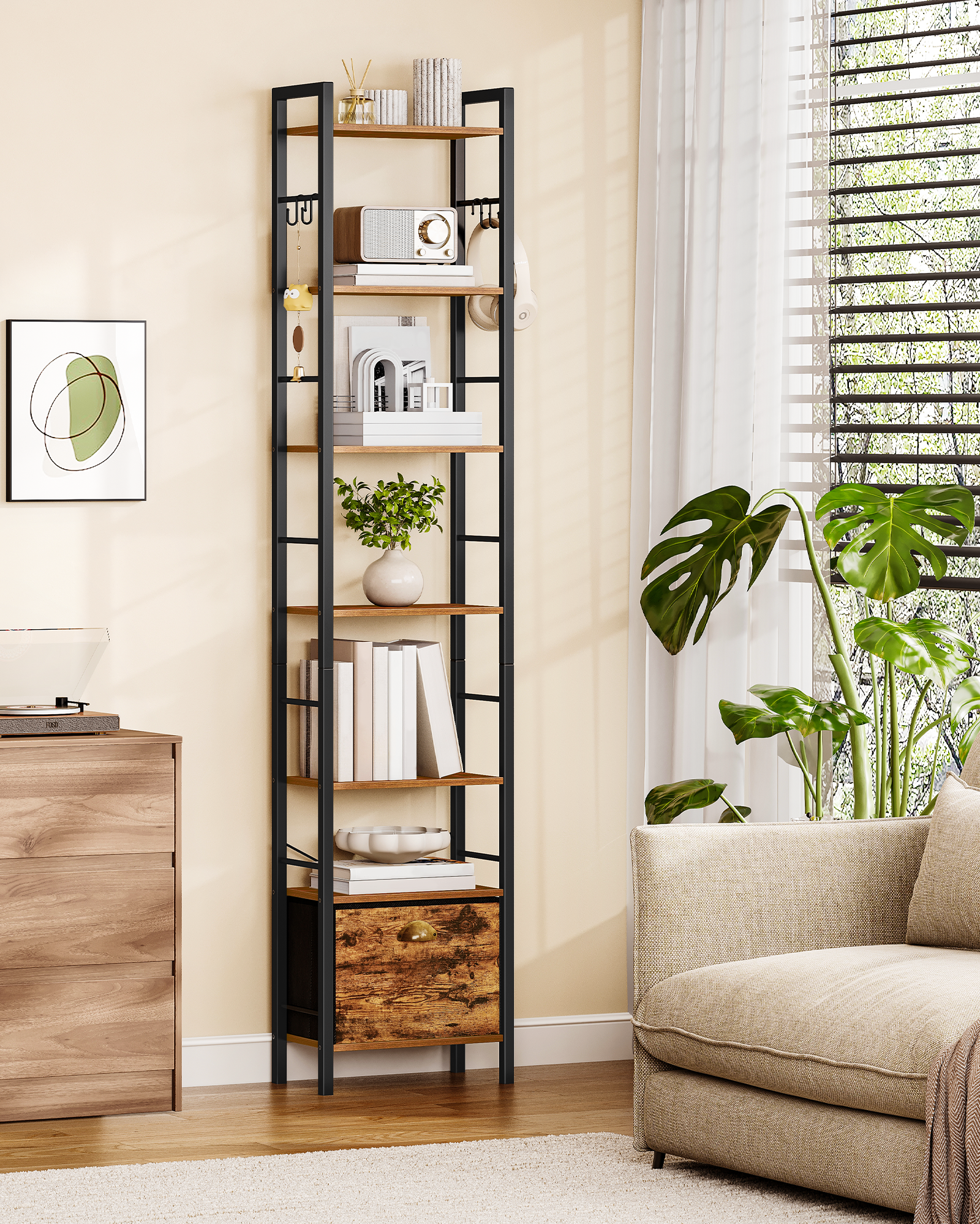 Hzuaneri Bookshelf, 7 vertical shelves with 1 fold-down fabric drawer and 4 hooks, open shelves, metal frame, for study, living room, vintage brown-black, 24 x 40 x 198.8 cm, BC40701B