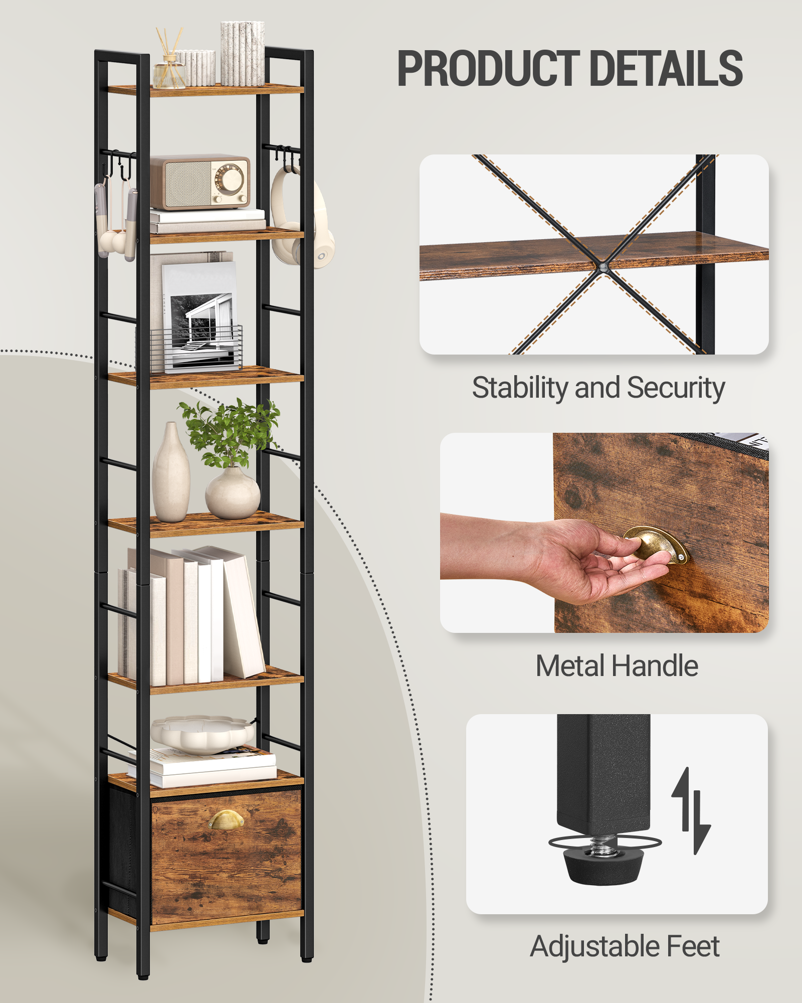 Hzuaneri Bookshelf, 7 vertical shelves with 1 fold-down fabric drawer and 4 hooks, open shelves, metal frame, for study, living room, vintage brown-black, 24 x 40 x 198.8 cm, BC40701B