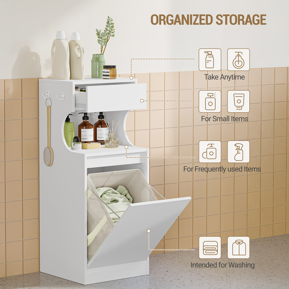 Hzuaneri Bathroom Cabinet with Laundry Basket, Slim Narrow Laundry Cabinet with Drawer and Removable Hamper, Storage Cabinet Unit for Bathroom, 40 x 40 x 100 cm, White, BC42003X