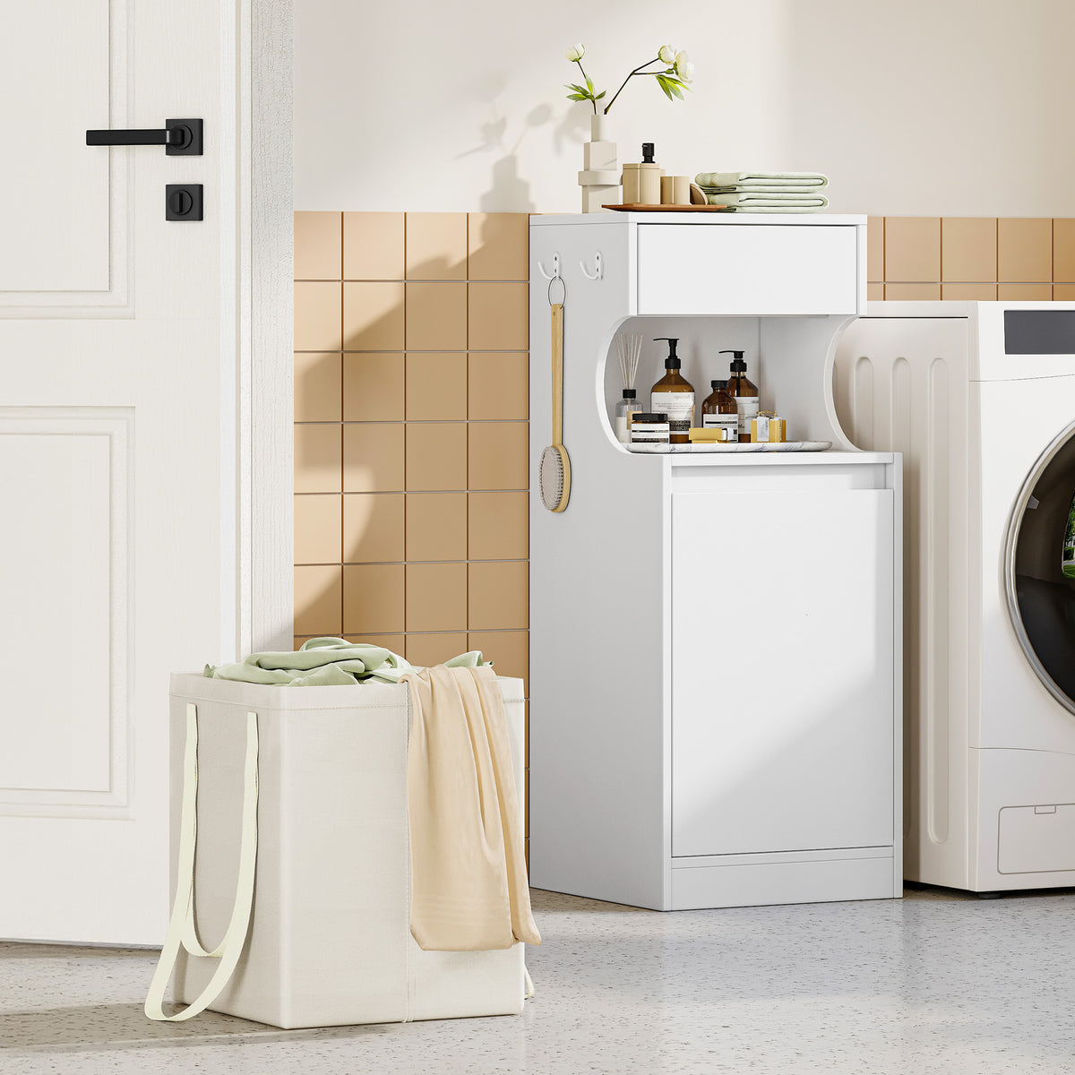 Hzuaneri Bathroom Cabinet with Laundry Basket, Slim Narrow Laundry Cabinet with Drawer and Removable Hamper, Storage Cabinet Unit for Bathroom, 40 x 40 x 100 cm, White, BC42003X