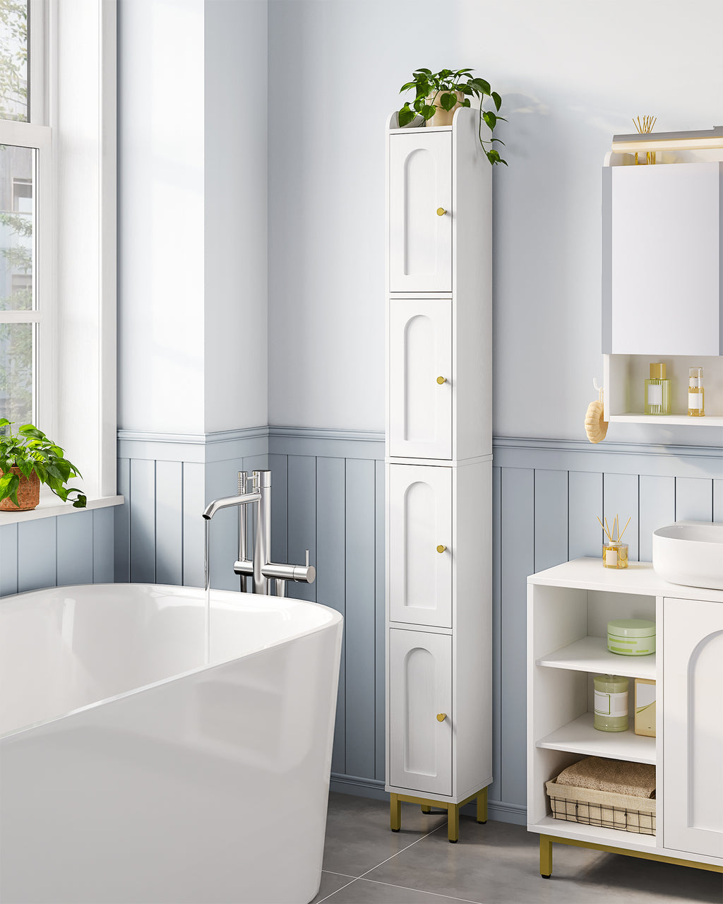 Hzuaneri Bathroom Cabinet, Tall Bathroom Cabinet with 4 Doors, Slim Bathroom Cabinet, Narrow Tall Bathroom Cabinet, Adjustable Shelves, Living Room, Kitchen, Bedroom, 20 x 20 x 180 cm, White BC42213G