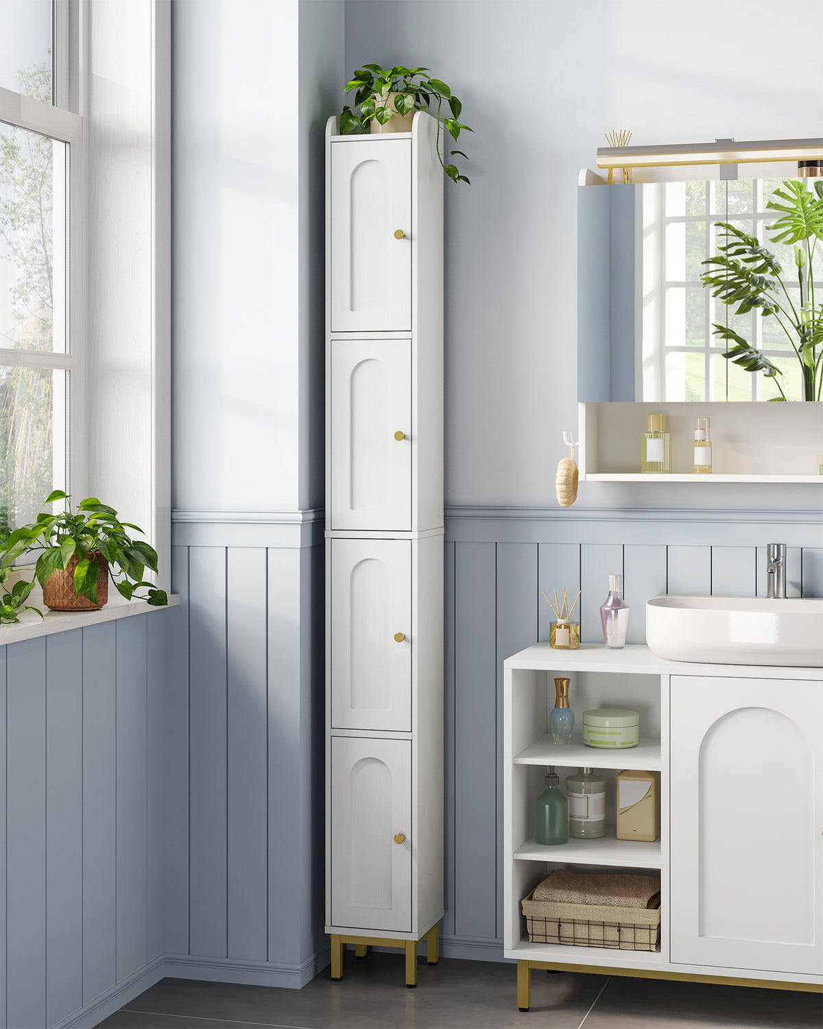 Hzuaneri Bathroom Cabinet, Tall Bathroom Cabinet with 4 Doors, Slim Bathroom Cabinet, Narrow Tall Bathroom Cabinet, Adjustable Shelves, Living Room, Kitchen, Bedroom, 20 x 20 x 180 cm, White BC42213G