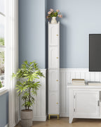 Hzuaneri Bathroom Cabinet, Tall Bathroom Cabinet with 4 Doors, Slim Bathroom Cabinet, Narrow Tall Bathroom Cabinet, Adjustable Shelves, Living Room, Kitchen, Bedroom, 20 x 20 x 180 cm, White BC42213G