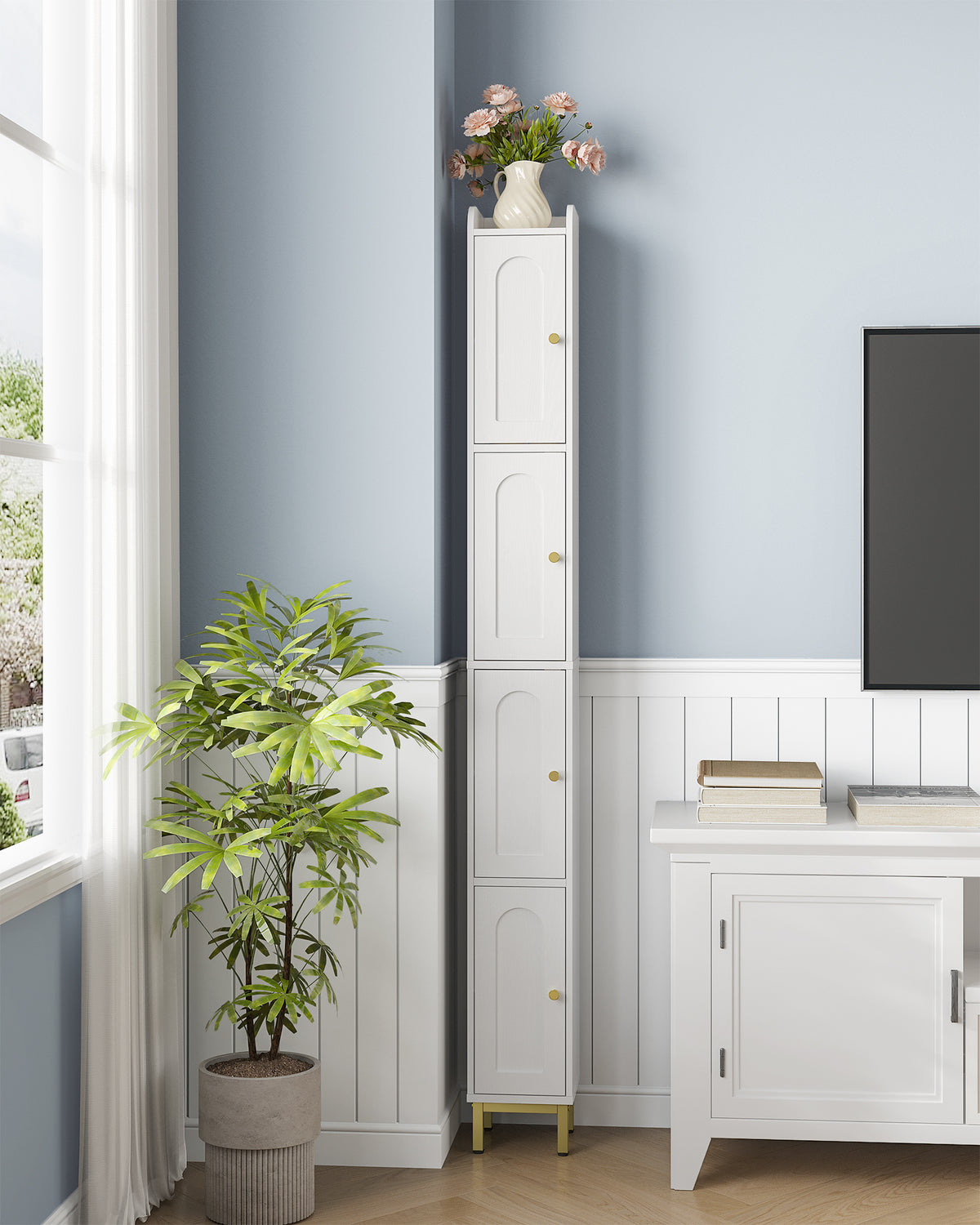 Hzuaneri Bathroom Cabinet, Tall Bathroom Cabinet with 4 Doors, Slim Bathroom Cabinet, Narrow Tall Bathroom Cabinet, Adjustable Shelves, Living Room, Kitchen, Bedroom, 20 x 20 x 180 cm, White BC42213G
