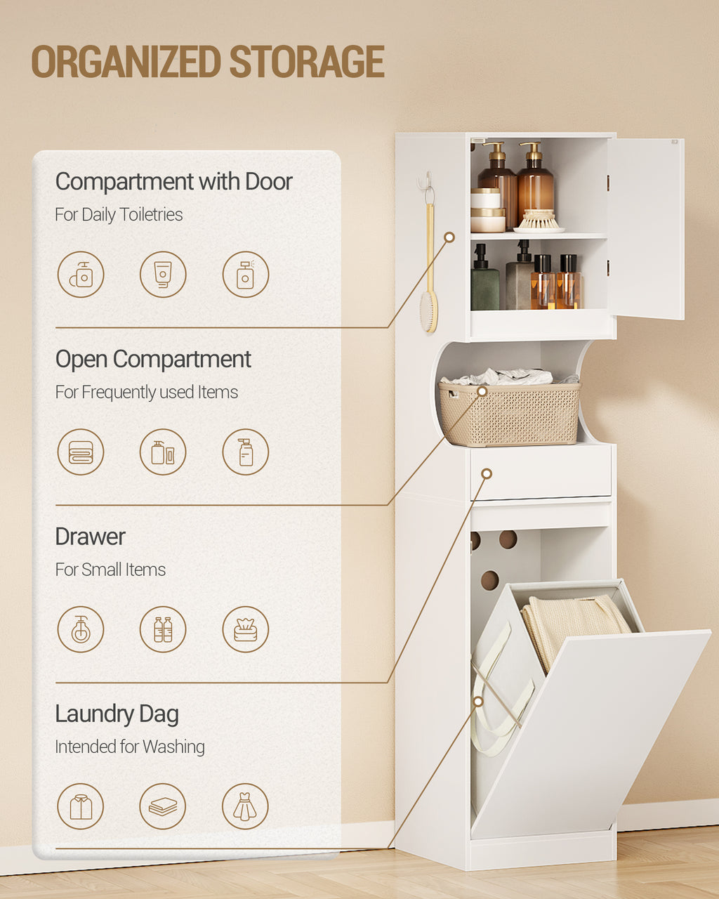 Hzuaneri Bathroom Cabinet with Laundry Basket, Laundry Cabinet with Drawer and Open Storage Space, Bathroom Cabinet with Laundry Hamper for Bathroom, Laundry Room, 40 x 40 x 174 cm, White BC43013X