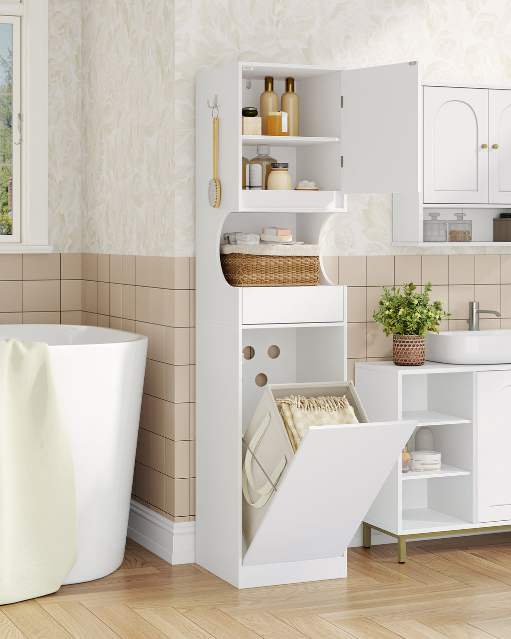 Hzuaneri Bathroom Cabinet with Laundry Basket, Laundry Cabinet with Drawer and Open Storage Space, Bathroom Cabinet with Laundry Hamper for Bathroom, Laundry Room, 40 x 40 x 174 cm, White BC43013X