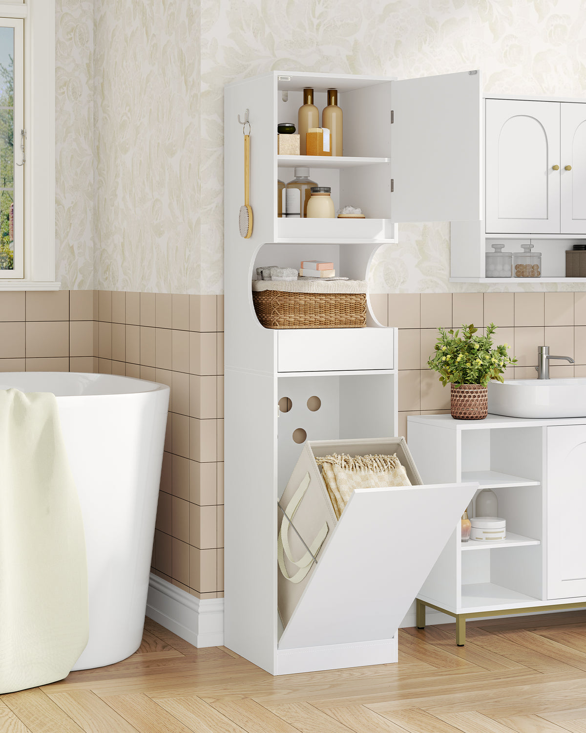 Hzuaneri Bathroom Cabinet with Laundry Basket, Laundry Cabinet with Drawer and Open Storage Space, Bathroom Cabinet with Laundry Hamper for Bathroom, Laundry Room, 40 x 40 x 174 cm, White BC43013X