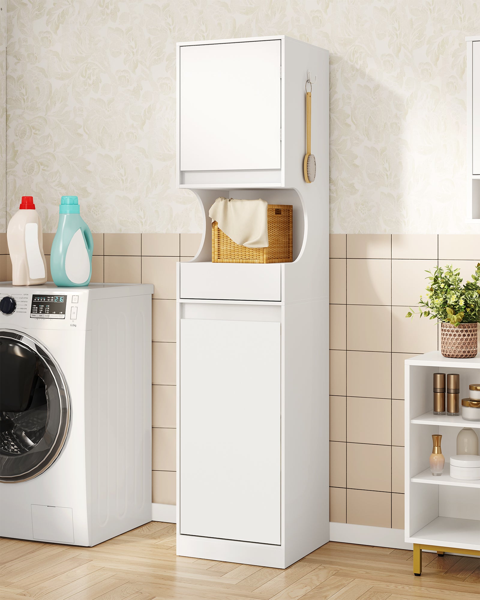 Hzuaneri Bathroom Cabinet with Laundry Basket, Laundry Cabinet with Drawer and Open Storage Space, Bathroom Cabinet with Laundry Hamper for Bathroom, Laundry Room, 40 x 40 x 174 cm, White BC43013X