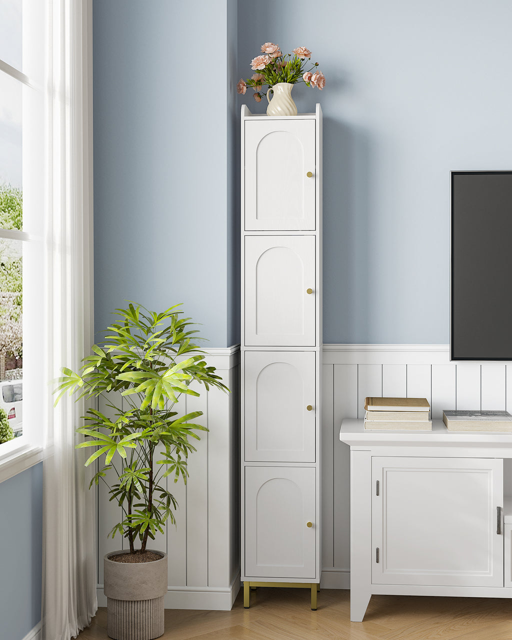 Hzuaneri Bathroom Cabinet, Tall Bathroom Cabinet with 4 Doors, Slim Bathroom Cabinet, White BC43313G