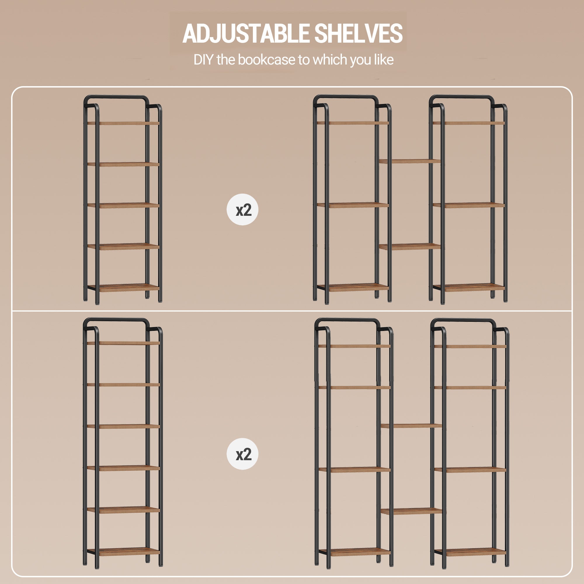Hzuaneri Bookcase, Shelf, Standing Shelf, Slim Bookcase, Industrial Corner Shelf, Slim Shelf for Home Office, Living Room, Bedroom, Kitchen, 6 Tiers, Vintage Brown/Black BC44601B