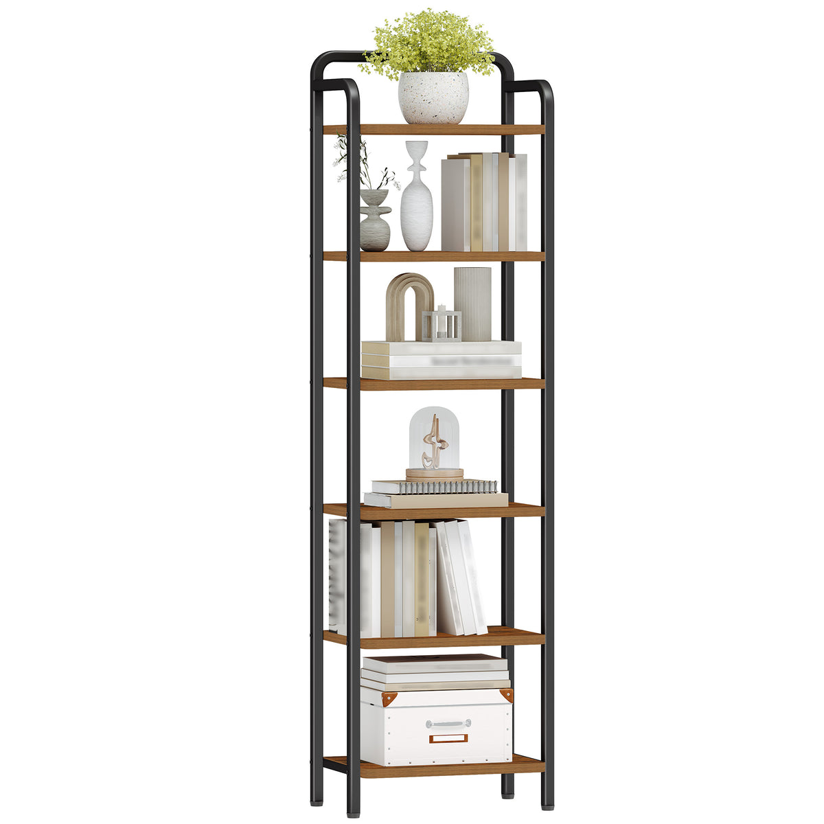 Hzuaneri Bookcase, Shelf, Standing Shelf, Slim Bookcase, Industrial Corner Shelf, Slim Shelf for Home Office, Living Room, Bedroom, Kitchen, 6 Tiers, Vintage Brown/Black BC44601B