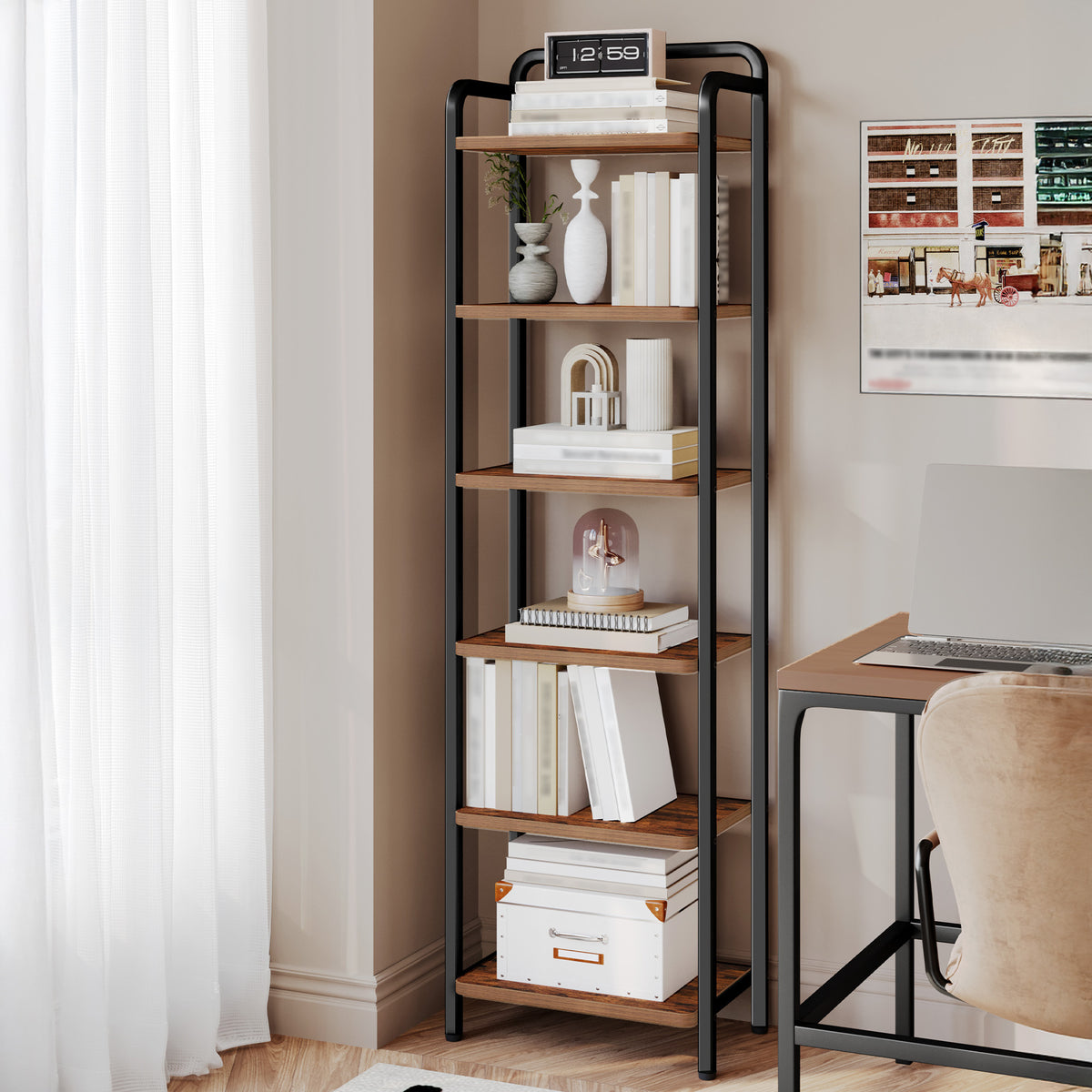 Hzuaneri Bookcase, Shelf, Standing Shelf, Slim Bookcase, Industrial Corner Shelf, Slim Shelf for Home Office, Living Room, Bedroom, Kitchen, 6 Tiers, Vintage Brown/Black BC44601B